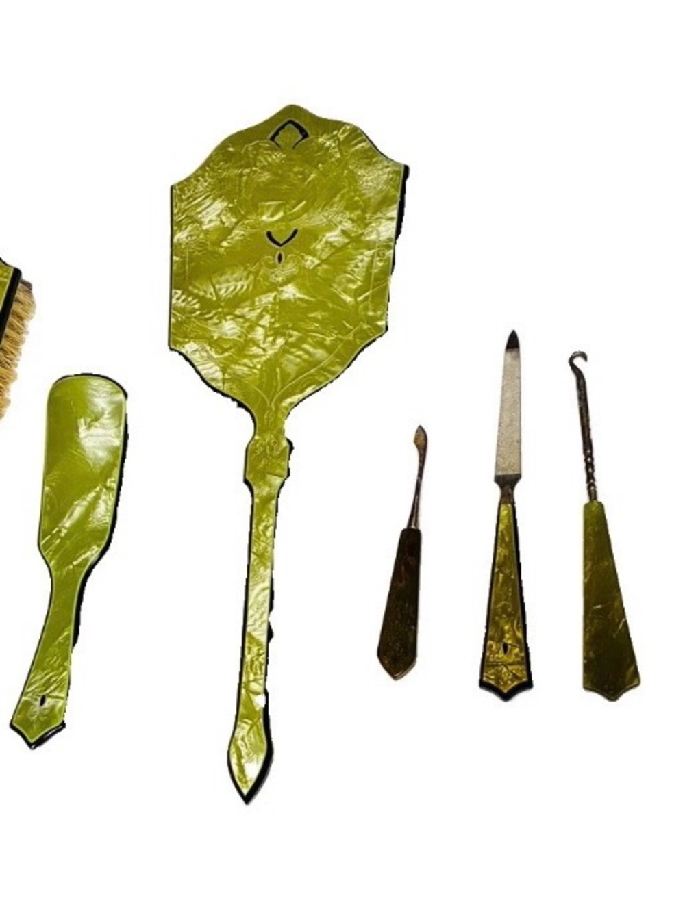 Vintage 1930/ 40’s Green Pearlized Celluloid Vanity Mirror Set 8 Pieces